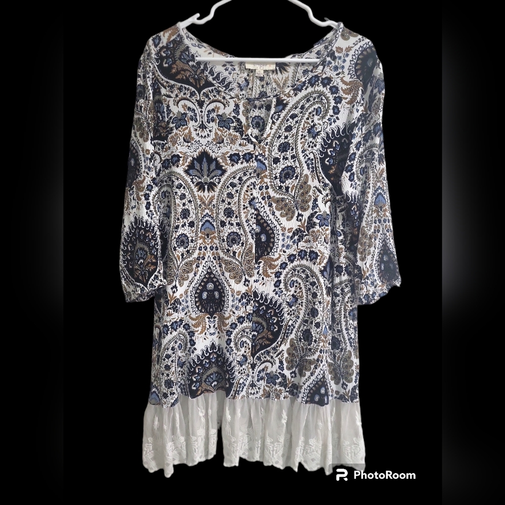 Umgee Shift Dress Paisley Blue Size XL Lace Trim Keyhole Neck